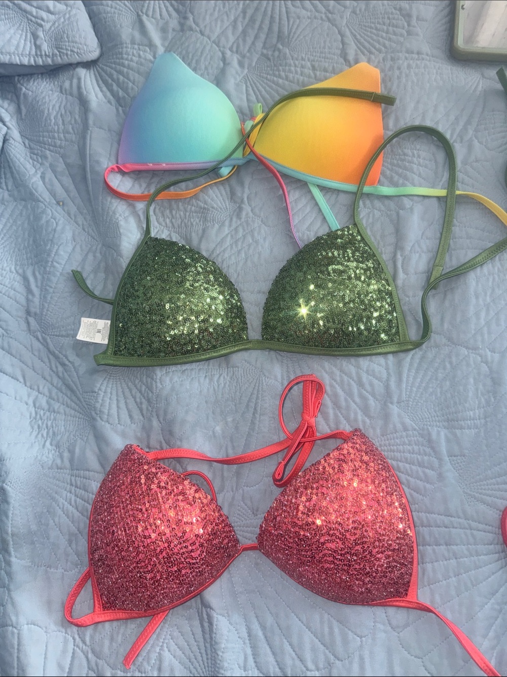 Sequin Triangle Bikini Top - Green and Pink Sparkle